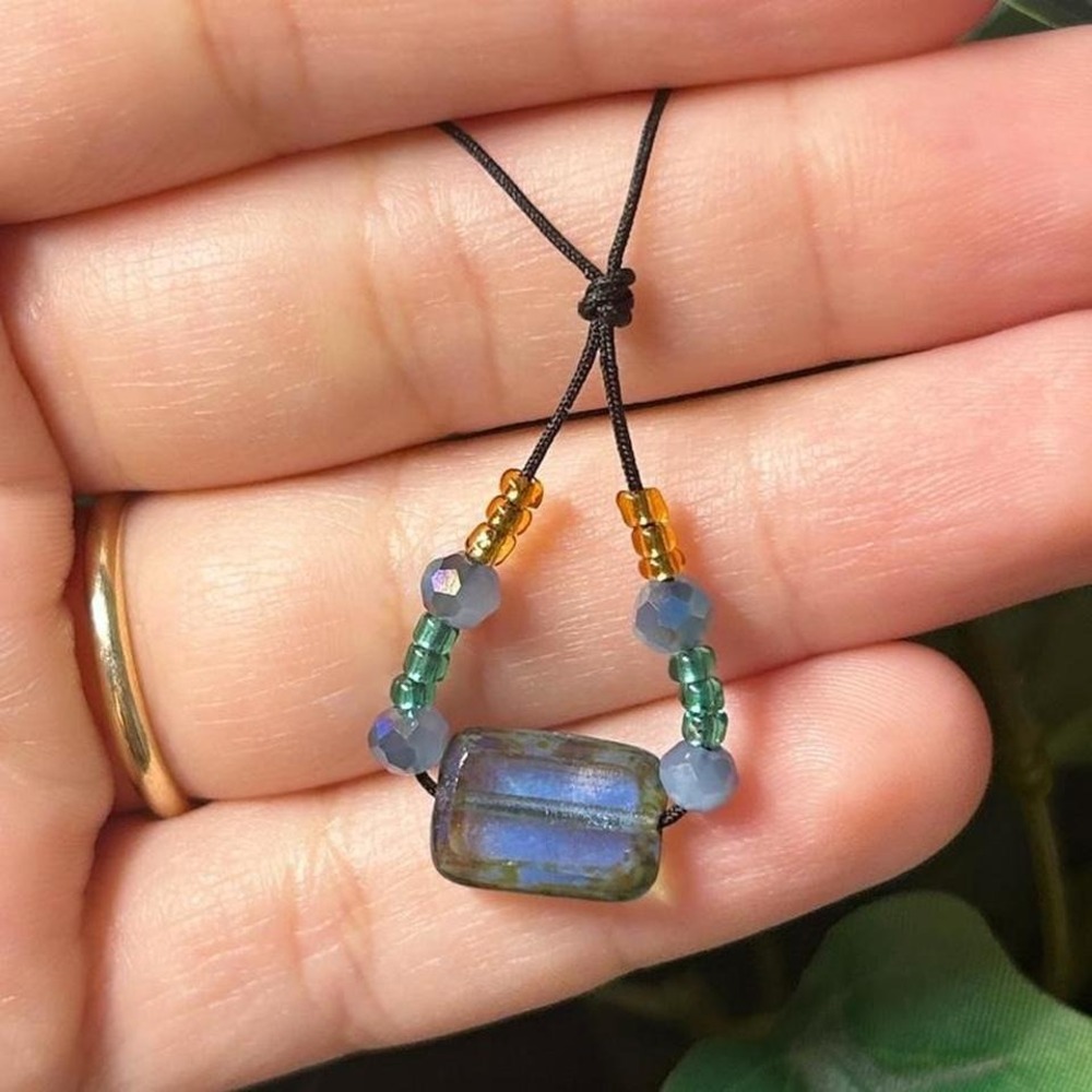 blue picasso Czech glass necklace ✦ black cord - Picture 2 of 3